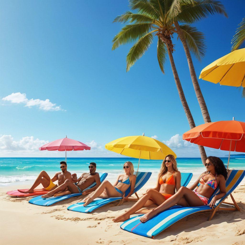 A sunny beach scene featuring a diverse group of stylish individuals lounging by the ocean, each wearing trendy two-piece swimsuits in vibrant colors. Include beach umbrellas and soft sand, capturing a sense of relaxation and new beginnings. Add playful surfboards in the background and a bright blue sky. super-realistic. vibrant colors. tropical theme.