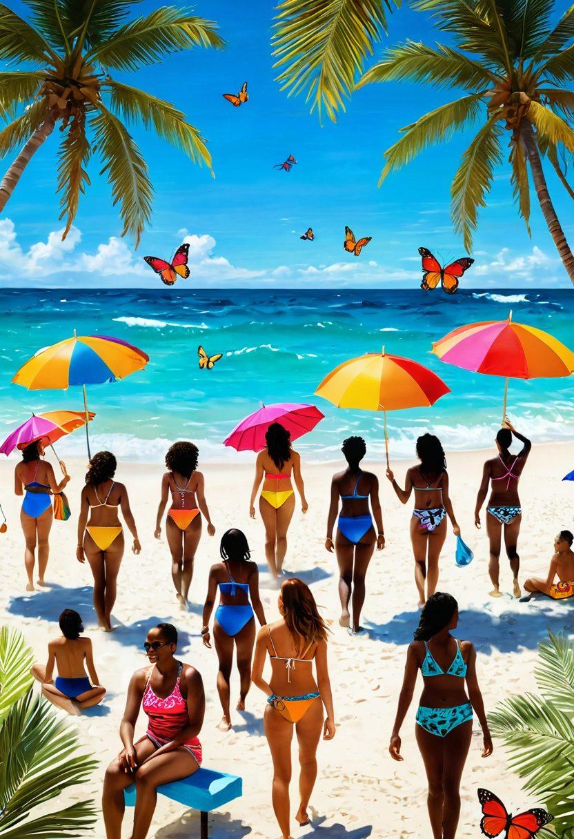 A sun-soaked beach scene showcasing diverse individuals wearing vibrant summer swimwear, transitioning from dark, melancholic tones to bright, joyful colors. The background features crystal-clear waters and a radiant sun, with elements of nature like palm trees and colorful beach umbrellas. Include whimsical butterflies symbolizing transformation and happiness. Capture the essence of summer joy and freedom. super-realistic. vibrant colors.